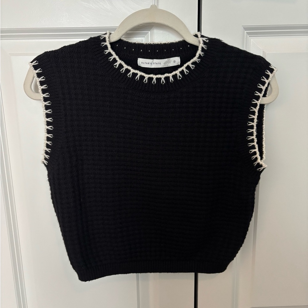 Altar'd State Black Cropped Sweater Vest with Cream Trim